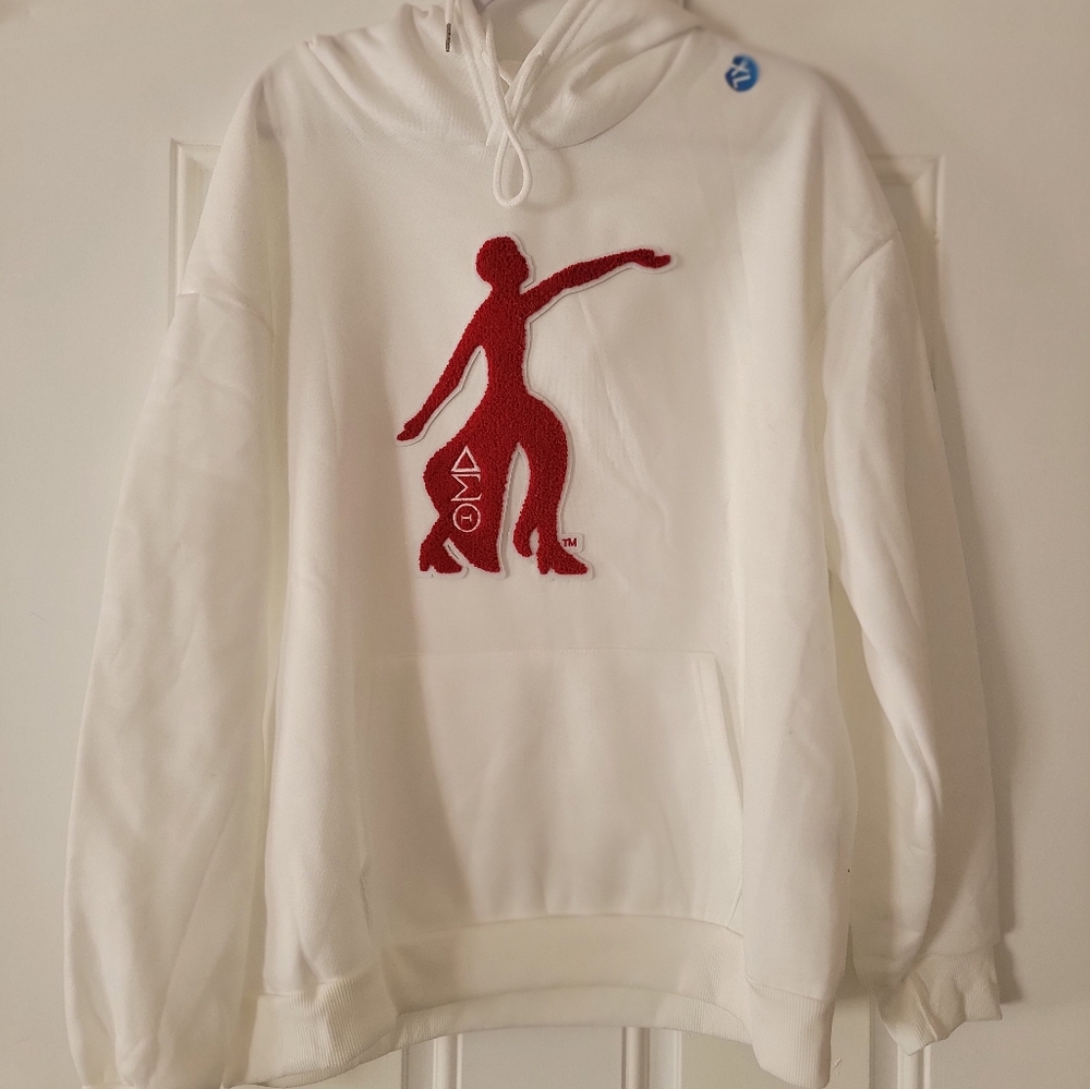 White hoodie with red glitter hands with dst